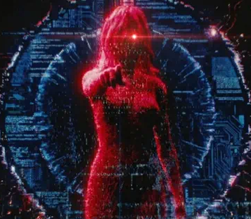 Alt Cunningham from cyberpunkt, made of light standing and pointing at the viewer
