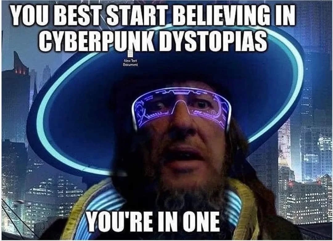 Text reads, you best start believing in cyberpunk dystopias, you're in own. It shows a pirate with cyberpunk accessories.