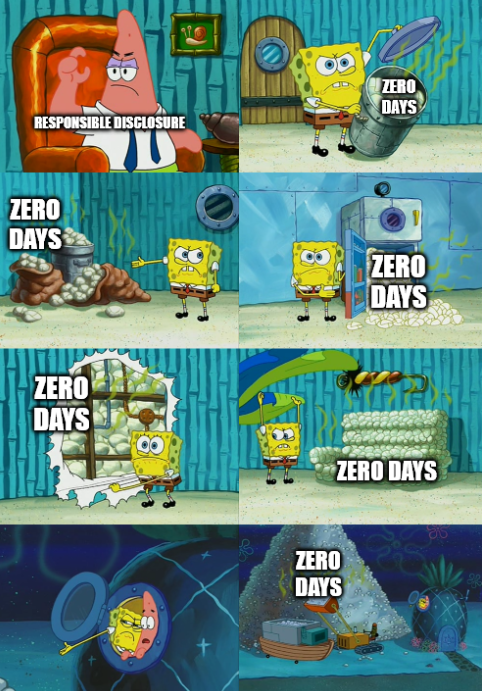 A meme, from spongebob showing a lot of zero days in ever space and corner.