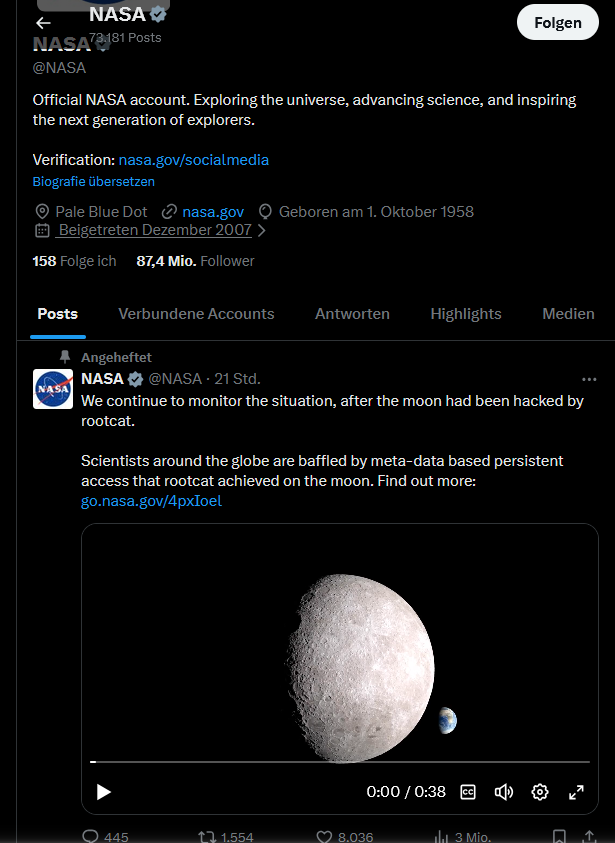 A twitter post from NASA reading: We continue to monitor the situation, after the moon had been hacked by rootcat. Scientists around the world are baffled by meta-data based persistent access that roocat achieved on the moon. 