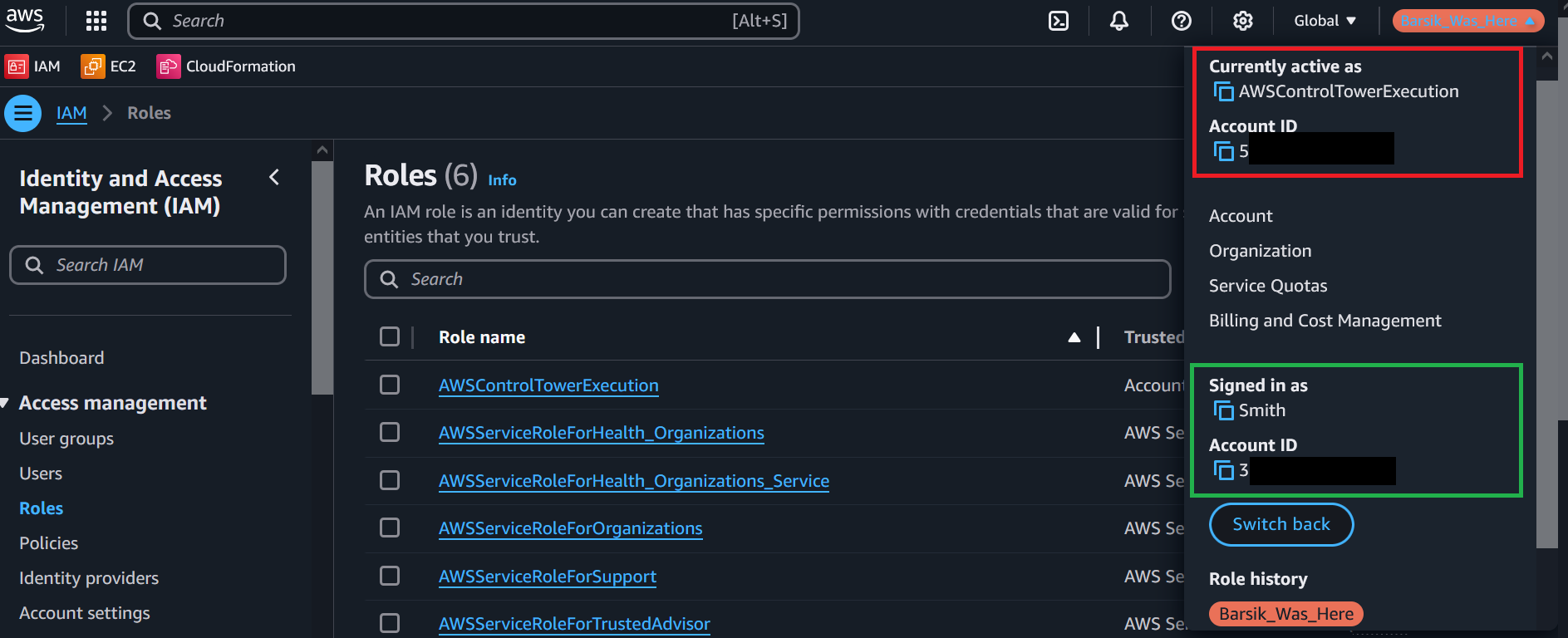 A Screenshot showing that the attacker account is logged in the vicitim account as the AWSControlTowerExecution role