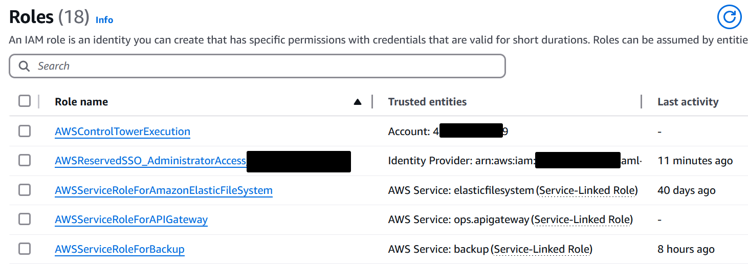 A Screenshot showing typical AWS roles in an account, the AWSControlTowerExecution is among them, there are 18 other roles