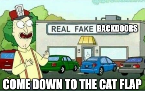 A meme from Rick and Morty, featuring a Character that sells fake doors, the name Cat Flap is put in text