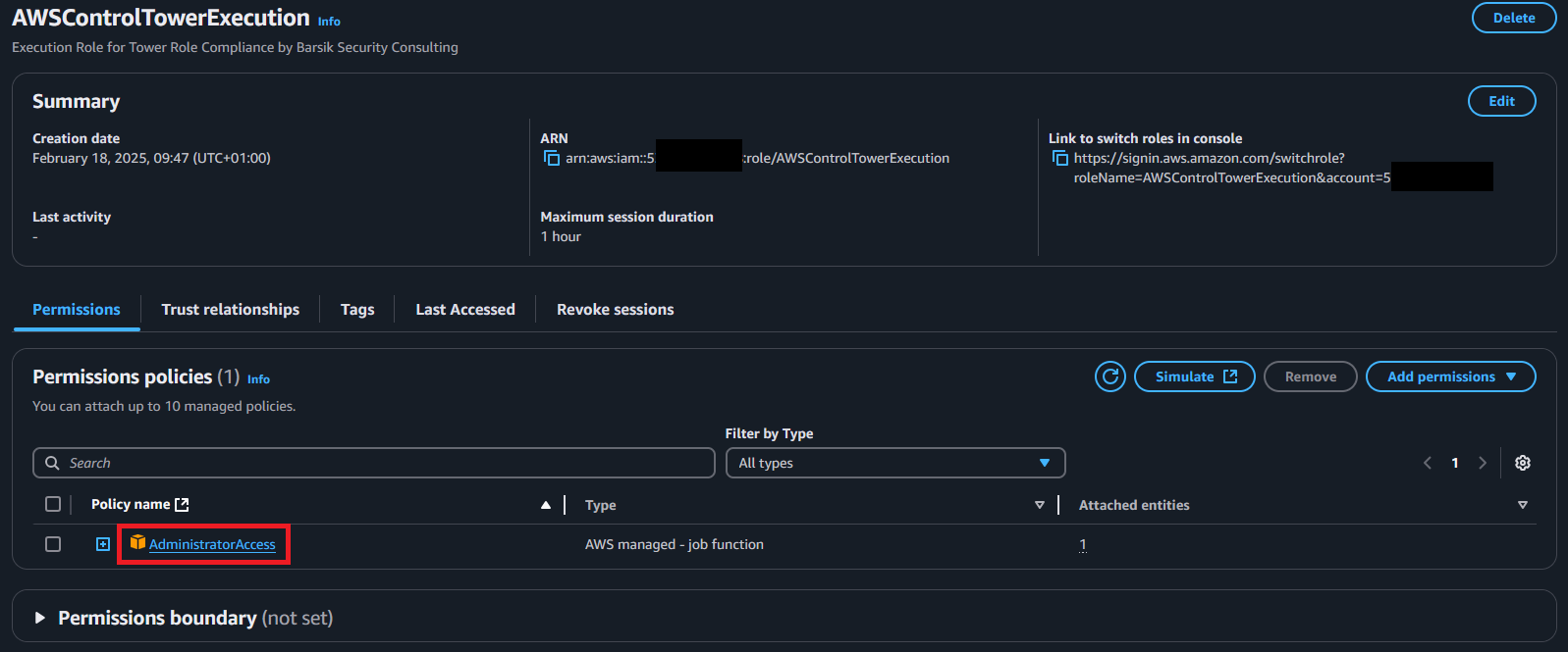 Screenshot of the AWSControlTowerExecution in the AWS portal after its creation